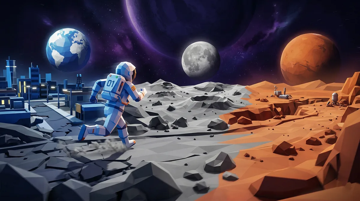Astronaut running across a crater-strewn lunar surface under a star-filled sky, Space Runner endless runner game case study